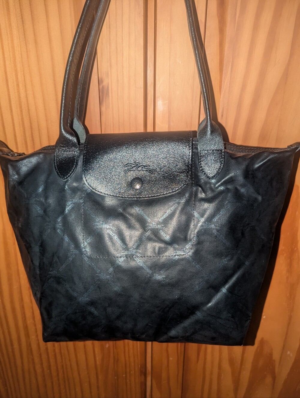 Black Women's Tote Bag by Longchamp - Classic Coated Canvas Leather Trim Tote.